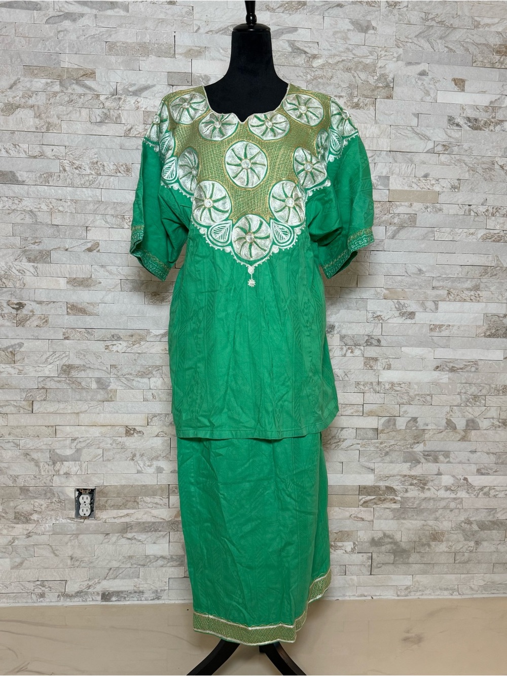 Green & White Embroidered Women’s Two-Piece Skirt Set | 100% Cotton